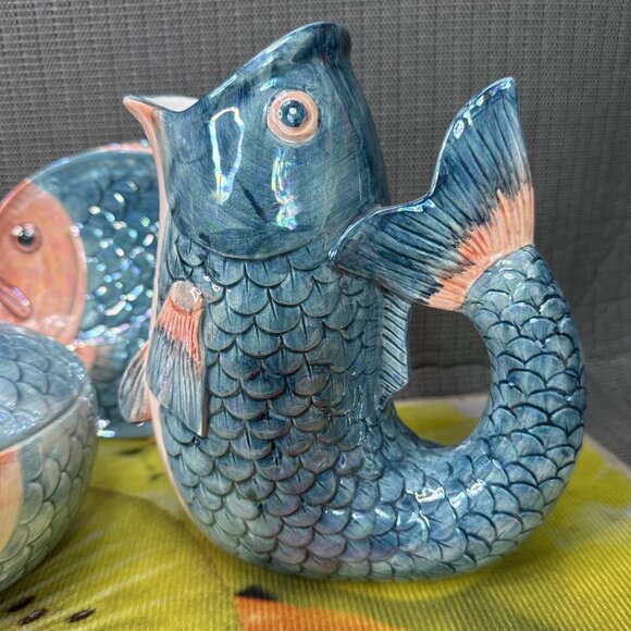 Vintage Rare 10 piece MCM Henriksen Majolica Fish Sculpture Iridescent Jug Pitch - Picture 6 of 12